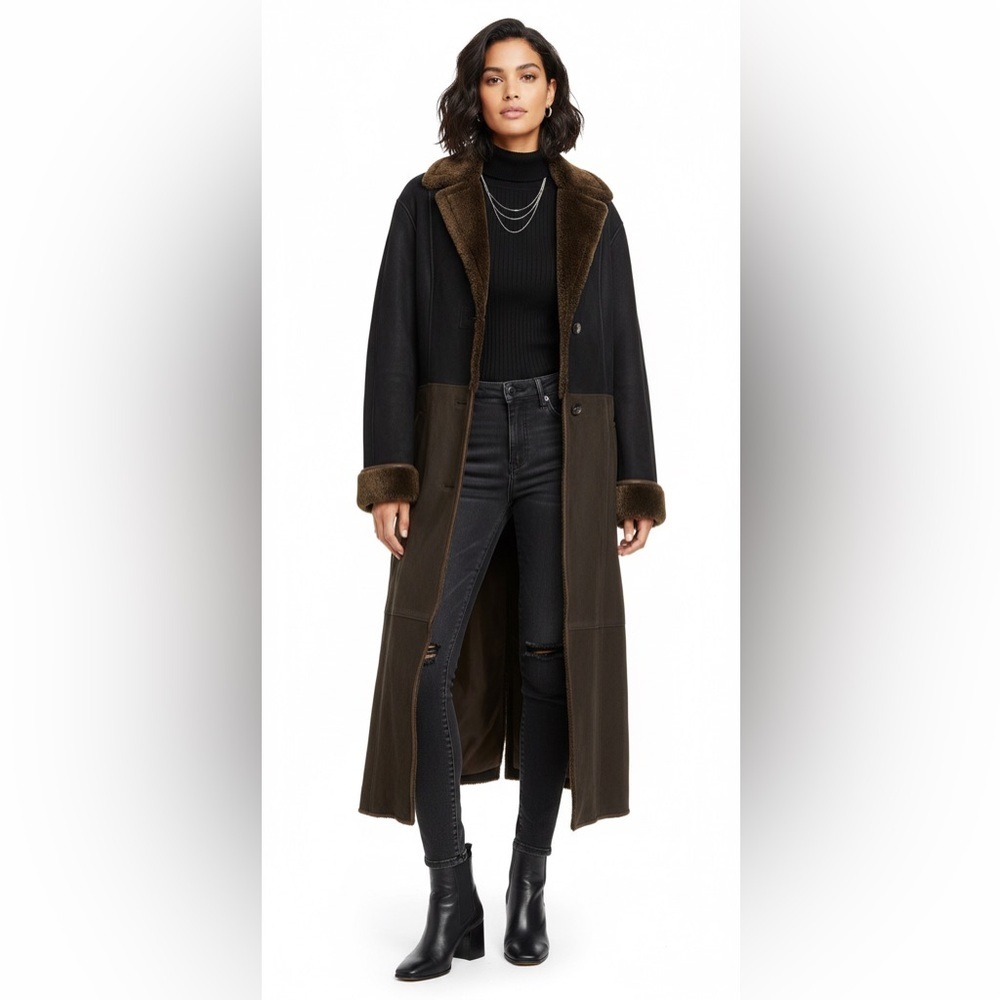 MONTREAL CREATION JEZ Full Length Maxi Shearling Leather Coat Black/Grey Size 9